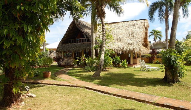 Palm-covered house in the tropical garden in Las Galeras